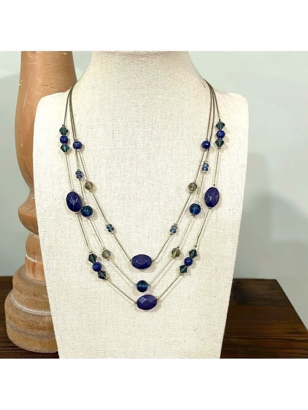 Vintage triple strand blue beaded silver tone necklace